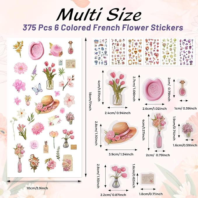 Pengxiaomei 375 Pcs French Flower Stickers - Image 2