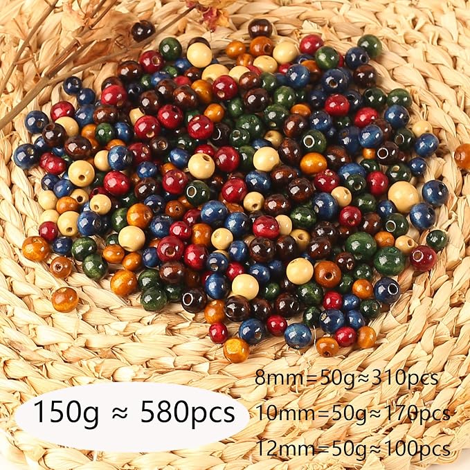 DAHI 580pcs Colorful Wooden Beads 8/10/12mm Assorted Macrame Wooden Loose - Image 2