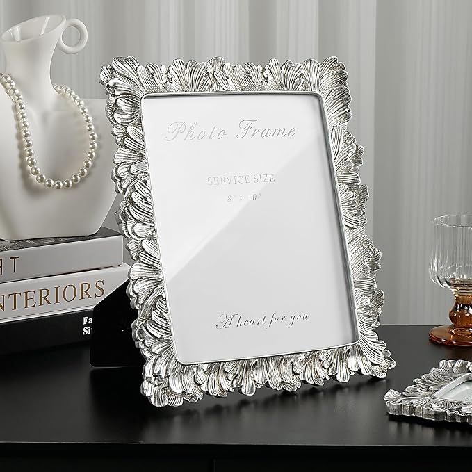 Cuspin Silver 8x10 Picture Frame, Vintage Silver Ornate Palm Leaves Textured - Image 2