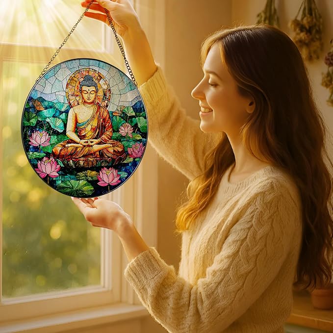 8-Inch Buddha Stained Glass Suncatcher & Ornament, Stained Glass Window Hanging - Image 2