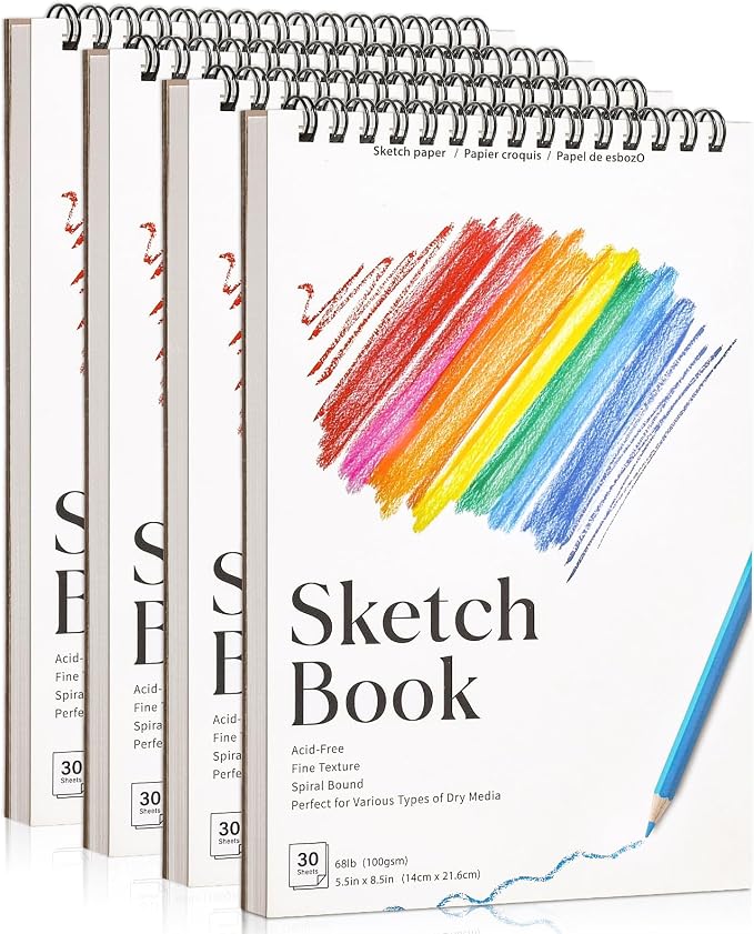 4 Pack Small Sketch Books, 5.5 x 8.5 Inch Mini Sketchbook, 68lb/100gsm Spiral by Prudiut