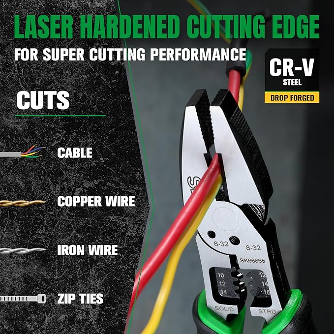 SK 8-Inch Multi-use Linesman Pliers, 6 IN 1, Premium CR-V Steel Construction, Ergonomic Anti-slip Handle for Comfortable Grip