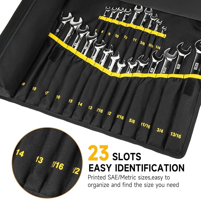 Wrench Roll Organizer (NOT for Ratcheting Wrench),Wrench Roll Up Pouch with 23+1 Pockets,Heavy Duty Tool Roll for Metric & SAE Wrenches,Large Wrench Holder Organizer Bag for Men,Mechanics(Black)