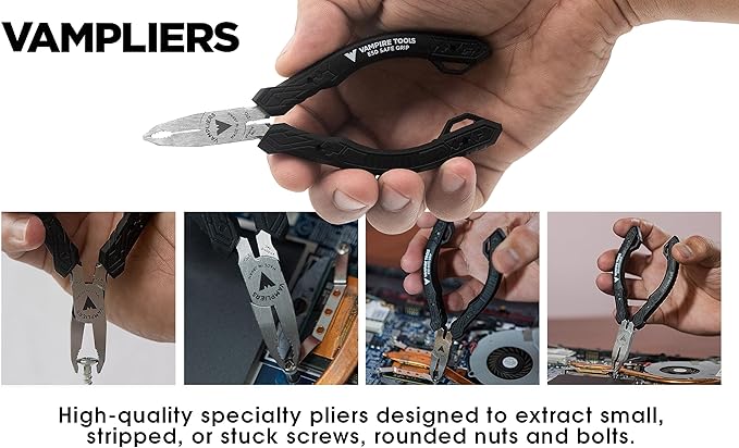 VAMPLIERS 4-Piece Stripped Screw Extractor Pliers Set. Made in Japan: 8" Linesman, 7.5" Long Nose, 6.25" Multipurpose & 5" ESD Safe Pliers. Remove any Stripped/Damaged/Rusted Screws.