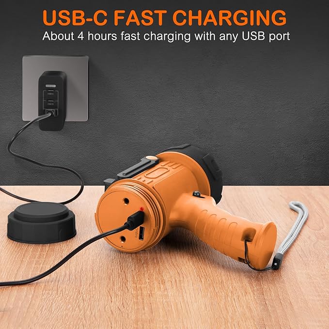 Rechargeable Spotlight Flashlight 200,000 Lumen LED, IP67 Waterproof 12 Hours Long Running Spot Light, Impact Resistant Handheld Spotlight with Detachable Red Lens