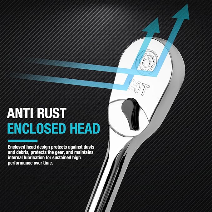 DURATECH Extra Long Handle 1/4-Inch Drive Ratchet, 90-Tooth Ratchet Wrench with 8" Handle and Dust Proof Teardrop Enclosed Head, Reversible, CR-V Steel Made, CR-MO Head, Full Polished, Gifts for Men