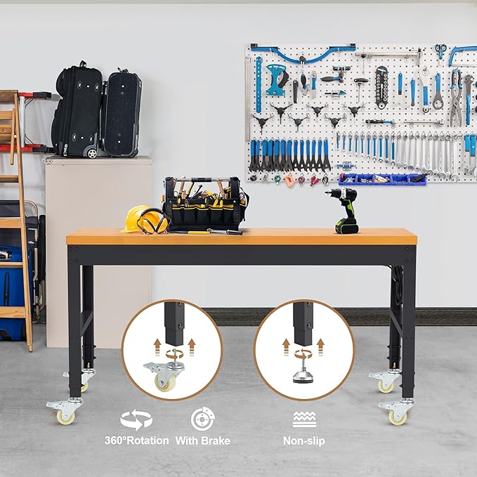 HABUTWAY Height Adjustable Workbench with Wheels 60" 2000 Lbs Capacity Solid Wood Work Station Heavy-Duty Rolling Work Tables for Garage Party Shop Office
