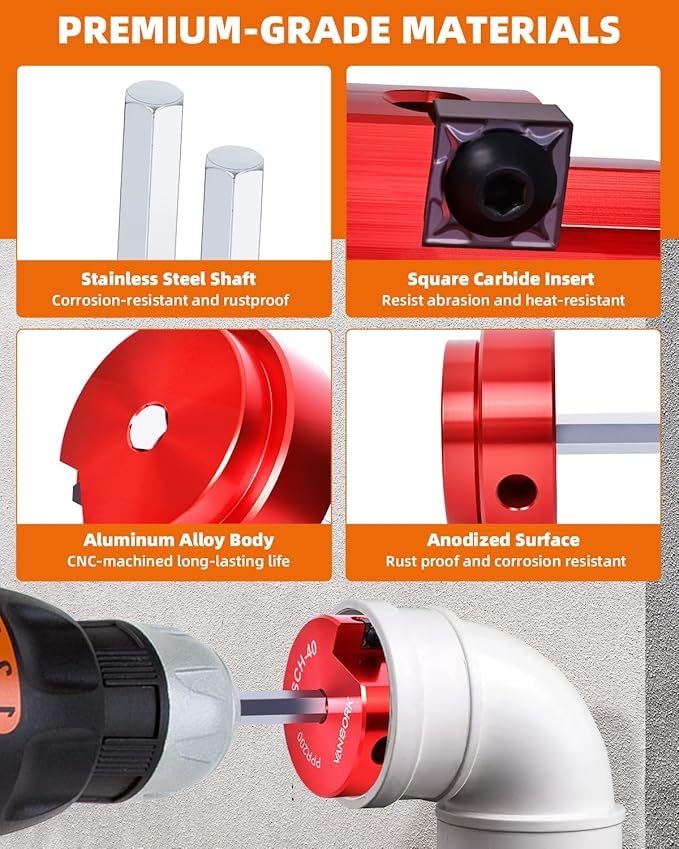 4 Pieces PVC Pipe Reamer Kit, PVC Fitsting Saver, Plastic Pipe Fitsting Reamer Socket Saver Plumbing Tool Includes 1-1/2'', 2'', 3'', 4'', for Schedule 40, Fits Standard 1/2" Drill