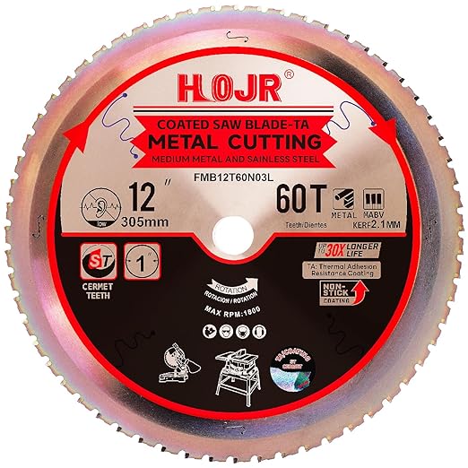Metal Cutting Circular Saw Blade, Steel and Stainless Steel Cutting, The Cutting Head uses a Special Anti-Heat Sticking Coating with high Finish and Long Life, FMB 12 Inch 60-Tooth 1" TA