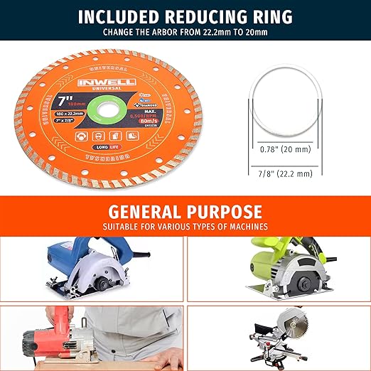 7 Inch Turbo Diamond Saw Blades for Angle Grinder, 7" Diamond Blade for Fast Cutting Granite Marble Concrete Brick (2-Pack)