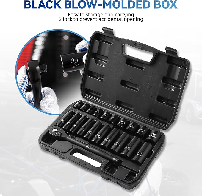 21-Piece 3/8" Drive Socket Set, SAE (5/16"- 7/8"), Deep and Shallow Sockets, 72-Tooth Ratchet Wrench, 6 Point Design, Cr-V