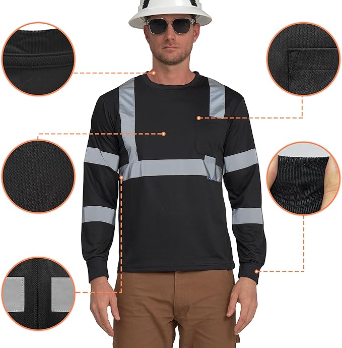 AYKRM Safety T Shirt Reflective High Visibility hi vis Long Sleeve T Shirt (XS-6XL)