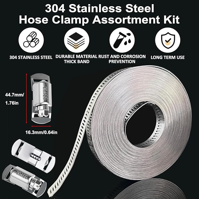 Hose Clamps Assortment Kit, Worm Gear Duct Pipe Hose, 304 Stainless Steel Band Fittings Strap, 32.81FT DIY Large Adjustable Metal Bolt with 20 Stronger Fasteners Screw for Plumbing Auto Tube Fuel Line
