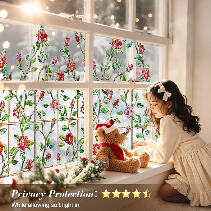 Windimiley Stained Glass Window Film, 3D Rose Floral Decorative Window Covering - Image 4