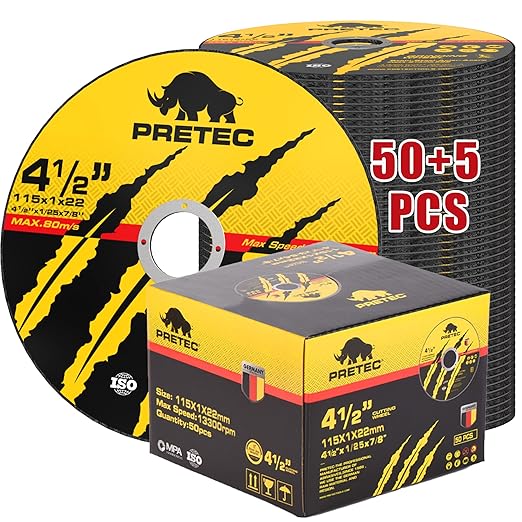 Cut Off Wheels 4-1/2", PRETEC 50+5 Pack Metal Cutting Wheel,Thin 4.5” Metal & Stainless Steel Fast Cutting Discs for Angle Grinder - 7/8" Arbor Hole