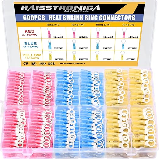 haisstronica 600PCS Heat Shrink Ring Connectors,AWG 22-10 Marine Grade Heat Shrink Wire Connectors Tinned Red Copper #10,1/4",5/16",3/8"Ring Terminals(3Colors/4Sizes)