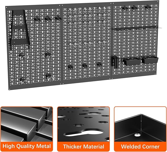 TORACK 3Pcs Metal Pegboard Panels for Garage Wall Utility Tools Storage Pegboard for Workbench, Modular Peg Board Tool Organizer Board Kit(Pack of 3, Black)