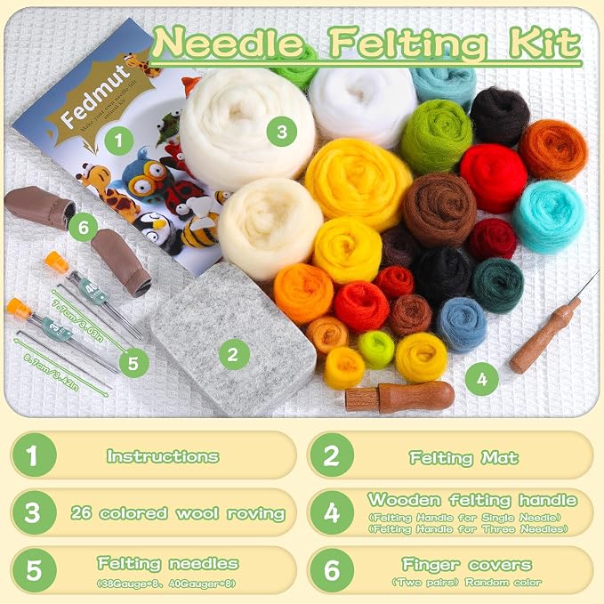 Fedmut Needle Felting Wool Kit, Felting Kit to Make 13 Cute Animals, 26 Colors - Image 4