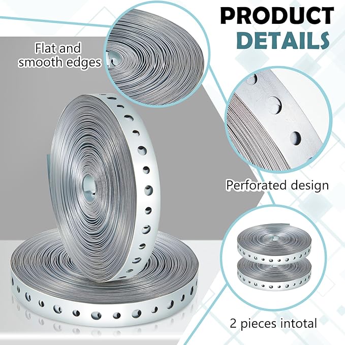 Gisafai 2 Rolls Galvanized Metal Pipe Strap 3/4 Inch x 50 ft 24 Gauge Total 100 ft Bendable Pipe Hanger Strap with Holes for Pipeline Supports Hanging, Flexible Trimming