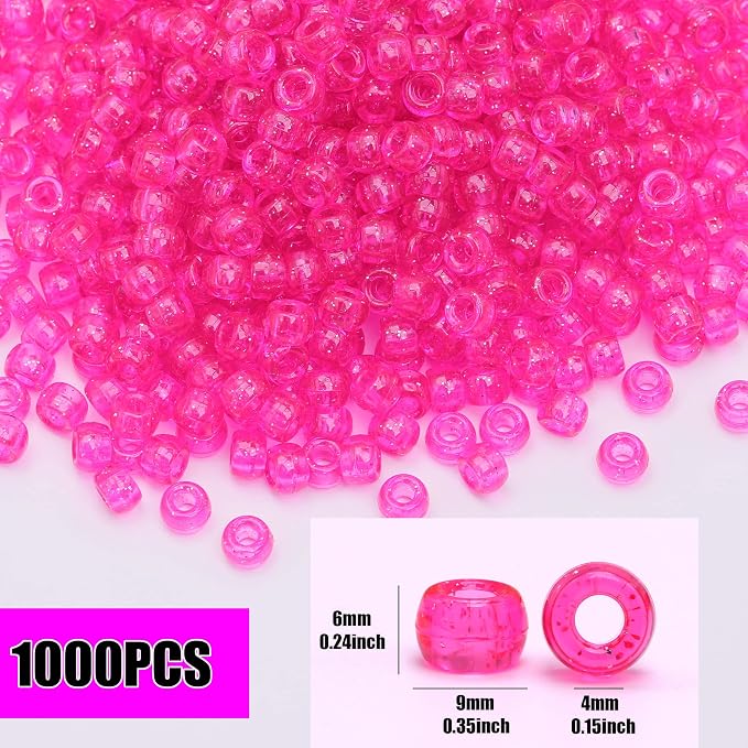 1000Pcs Pony Beads Bracelet 9mm Hot Pink Glitter Plastic Barrel Pony Beads - Image 2