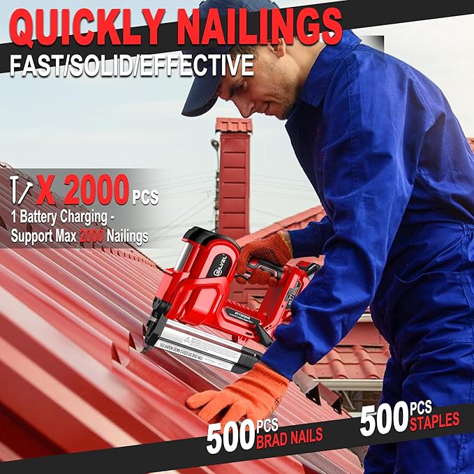 SILVEL 2" Cordless Brad Nailer, 2-in-1 21V Electric Brad Nailer Stapler with 2 * 4.0Ah Battery, 1000pcs Nails, 18GA Staples, Adjustable Depth for Woodworking, Home Improvement