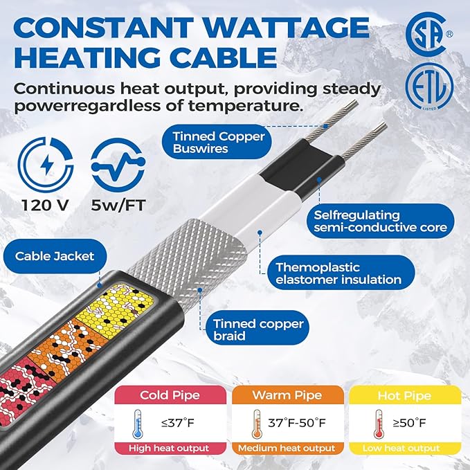 5W/FT 120V Pipe Heat Tape 160FT (3FT-200FT) - Freeze Protection Heating Cable for Metal/Plastic Water Pipes, Maintains Flow at -40°F