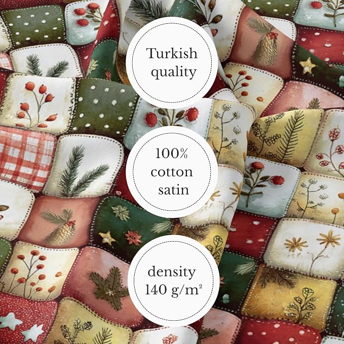 Patchwork Cotton Fabric Panel 61 x 36.6 Inches, Christmas Botanical Squares - Image 4