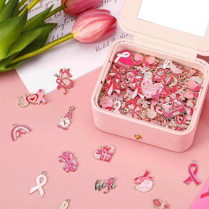 SANNIX 110Pcs Breast Cancer Charms, Breast Cancer Awareness Enamel Charm - Image 5