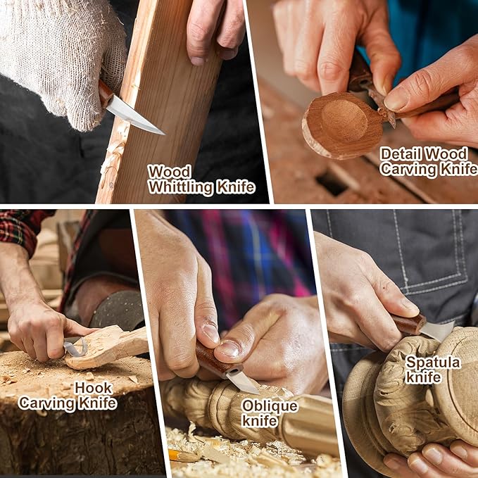 Wood Carving Knife With Leather Strop and Polishing Compound - Whittling Tools for Beginners, Adults and Kids (Oblique Carving Knife)