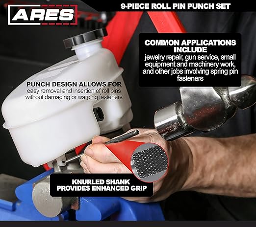 ARES 10021 – 9-Piece Roll Pin Punch Set – Durable Heat Treated and Drop Forged Steel Pin Punches with Pouch -Ideal for Automotive Repair, Gunsmithing, Craft Work, and Jewelry Repair