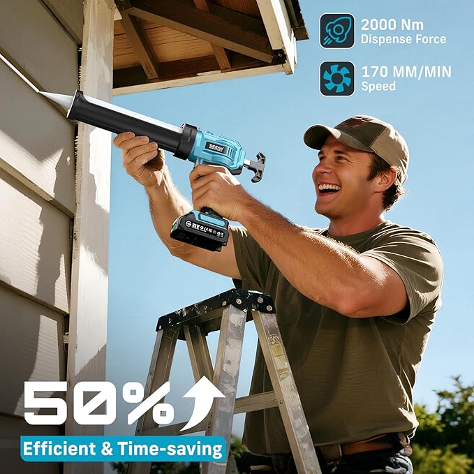 SEESII Cordless Caulking Gun, 21V Battery Powered Caulk Gun, Electric Caulking Gun w/2 x 2.0Ah Batteries, 9Pcs Caulk Remover Tool, LED Light, Auto Retract, Adhesive Gun Kit for Filling, Sealing