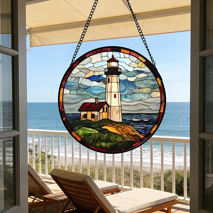 DASTOLL Stained Glass Window Hanging, Ocean Lighthouse Sun Catchers Glass Panel - Image 7
