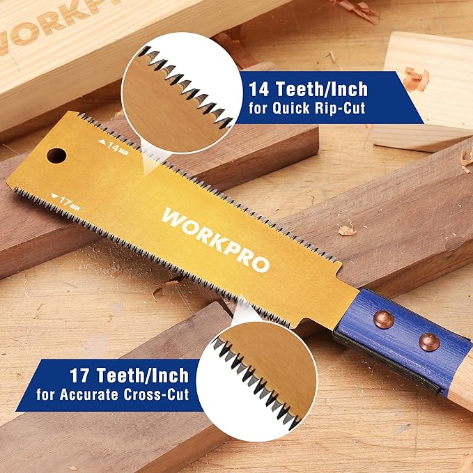 WORKPRO 6 Inch Japanese Pull Saw, Double-Edged Hand Saw for Wood Cutting with 14&17 TPI, SK5 Flexible Blade, Non-Slip Beech Handle for Woodworking