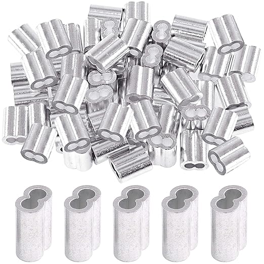 Glarks 50Pcs 1/4''(6mm) Aluminum Crimping Loop Sleeve Wire Rope Sleeves Double Barrel Ferrule for Wire Rope and Cable Line End (1/4''-50Pcs)