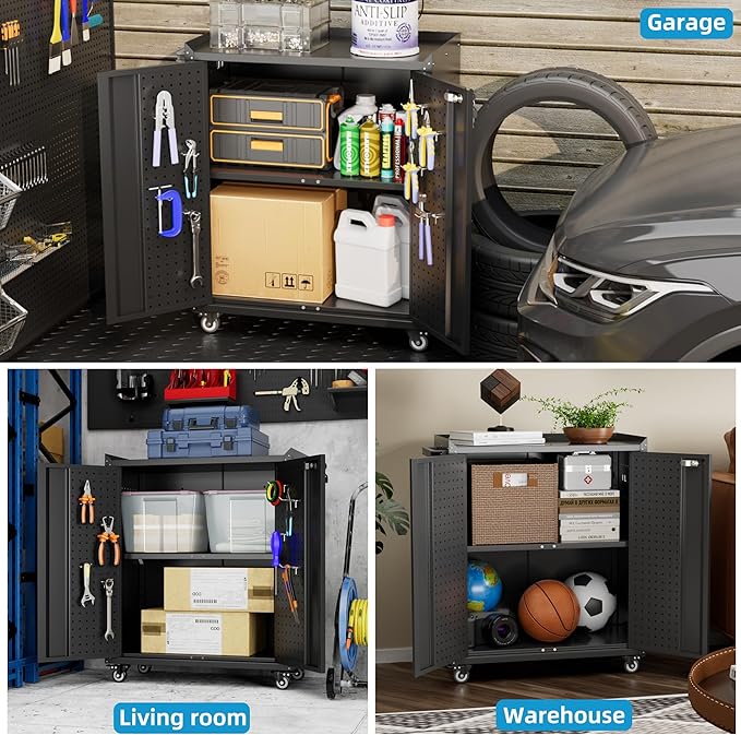 Metal Storage Cabinet with Wheels, Rolling Storage Cabinet with 2 Doors and Adjustable Shelves, Pegboard and 4 Hooks, Suitable for Garage, Home, Office, School, Black