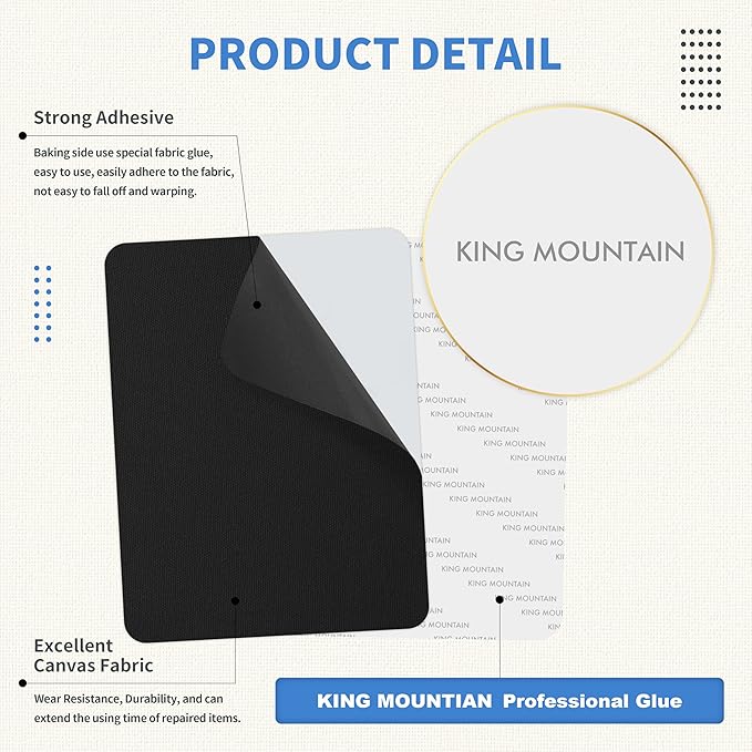 KING MOUNTAIN Canvas Repair Patch 9 x11 Inch 4 Pcs Self-Adhesive Waterproof Fabric Patch for Sofas, Tents, Furniture,Tote Bags, Car Seats (Black)