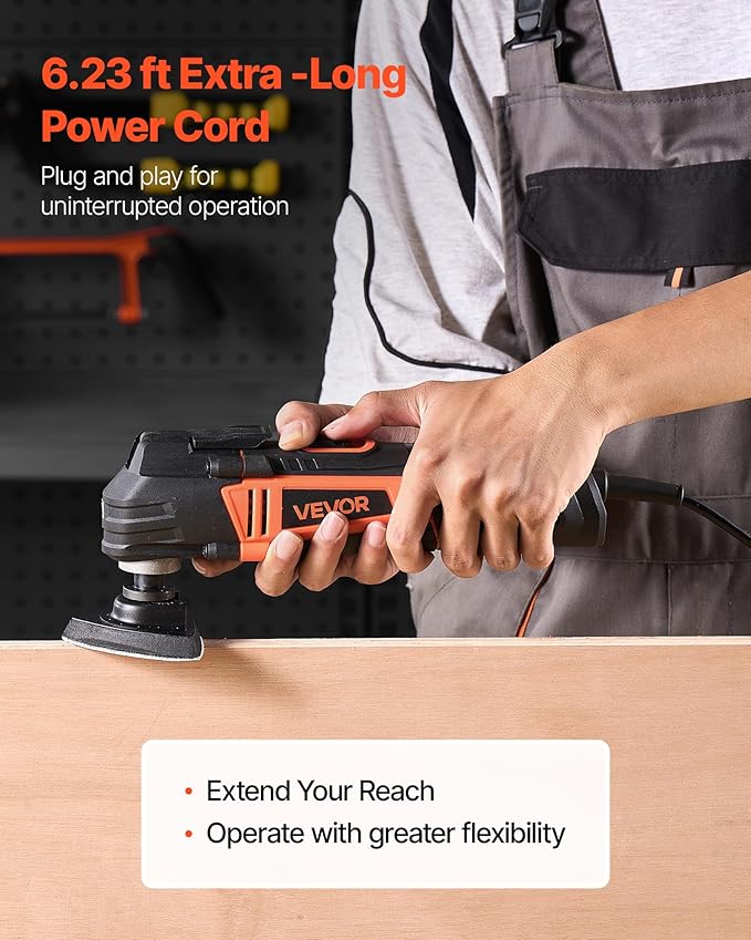 VEVOR Multitool Oscillating Tool, 4Amps Electric Oscillating Multi Tool Corded with 6 Variable Speeds 7000-19000 OPM, 3.2° Oscillating Angle, 13PCS Saw Accessories, LED Work Light & Tool Bag