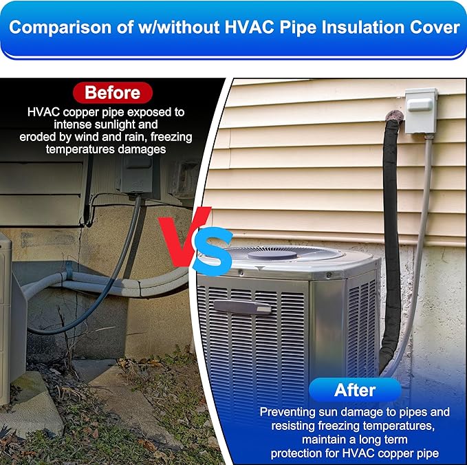 3 Layers HVAC Copper Pipe Insulation Cover Protector,Flexible AC Copper Line Insulation Sleeve,600D Oxford 72x10.2 Inch AC Pipe Insulation Wrap for Outside Central Air Conditioning Splits Black