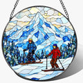 8'' Snowy Mountain Skiers Sun Catcher Ornament, Stained Glass Window Hanging by Unknown
