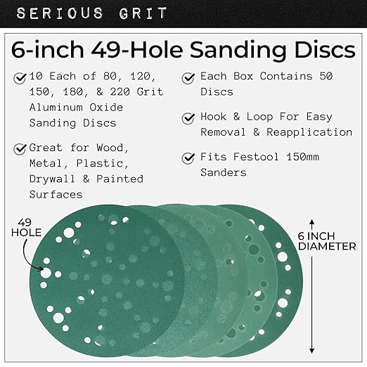 6-Inch 49-Hole Sanding Discs Assortment - 80, 120, 150, 180, 220 Grit (10 of Each) - Heavy-Duty Hook & Loop Film Discs - Sandpaper for Random Orbital Sanders - 50 Pack Box