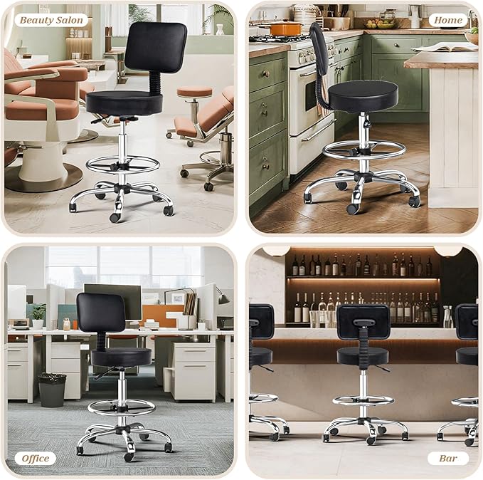 OmySalon Drafting Chair,Ergonomic Office Desk Chair with Back Support,Tall Adjustable Rolling Stool with Footrest & Thick Seat Cushion,Computer Chair for Salon Medical Spa Home Bar Kitchen, Black
