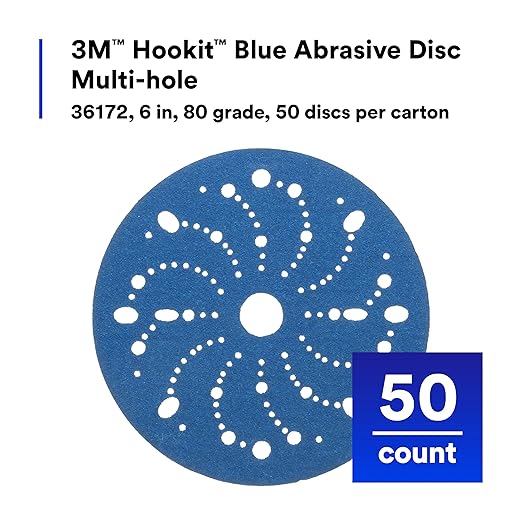 3M Hookit Blue Abrasive Discs 36172, Multi-Hole, 6 in, 80+ Grade, Pack of 50, Virtually Dust-Free, for Auto Sanding, Body Repair, Featheredging, Primer Sanding, Paint Preparation, E-Coat Sanding