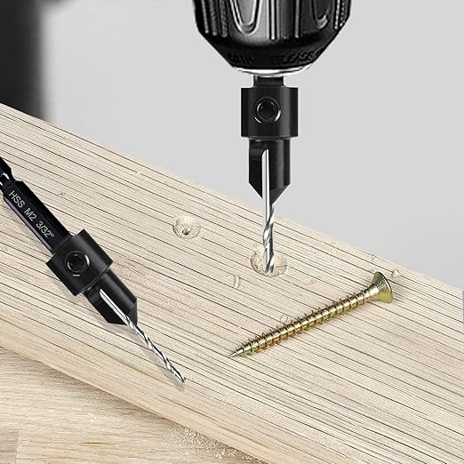 3-pc Countersink Drill Bit Set #10#12#16, 3in1 Woodworking Counterbore Hole Saw Drill Bits, Depth Adjustable M2 Pilot Drill Bits, 82-Degree Chamfer, 1/4” Hex Shank, with 1 Allen Wrench