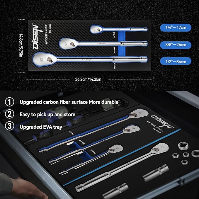 DISEN 3PCS Long Drive Ratchet Handle,1/2'',1/4'',3/8'' 90 Tooth Ratchet Wrench with Dust Proof Teardrop Enclosed Head, Reversible, CR-V Steel Made, CR-MO Head, Full Polished, Gifts for Men