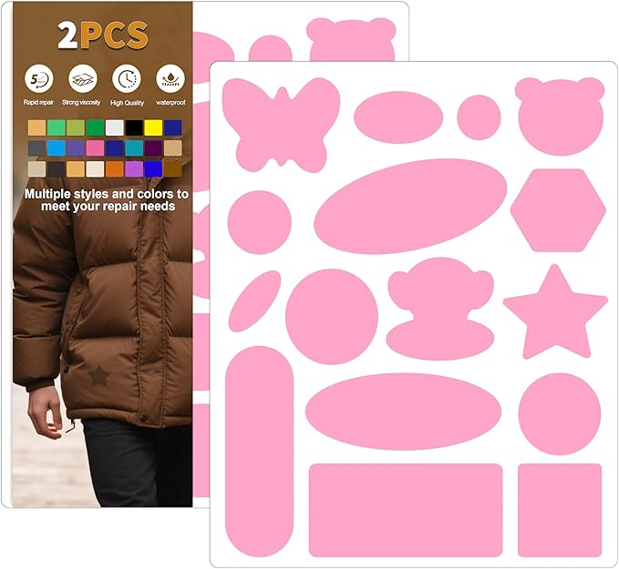 Azobur Down Jacket Repair Patches-Waterproof, Self-Adhesive,Nylon Fabric Patches for Puffy Jackets, Rain and Snow Gear, Tents, Sleeping Bag and More(Pink，2pcs)