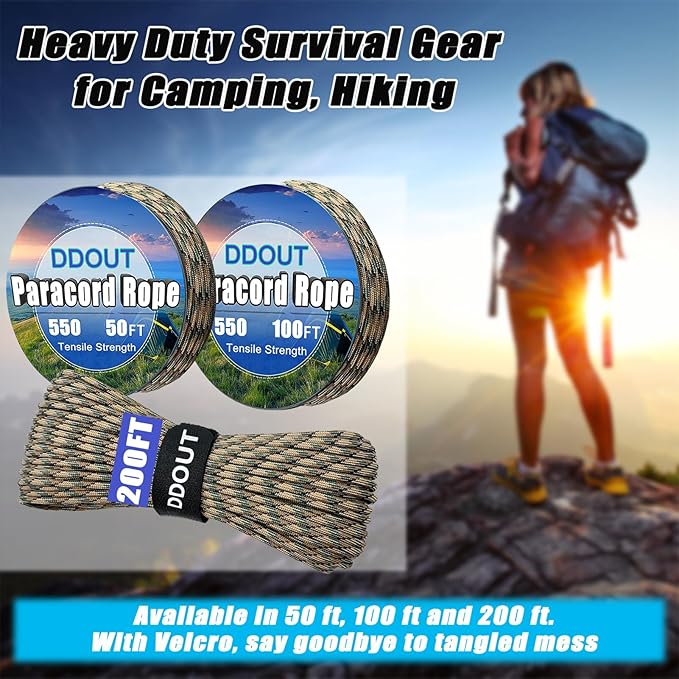 Paracord Nylon Rope Camo 200ft with 7-Strand Core, 10 Colors and 50/100/200 ft, Type III Parachute Cord 4mm for Camping, Survival, Hiking, DIY, Crafting, Outdoor Utility Rope