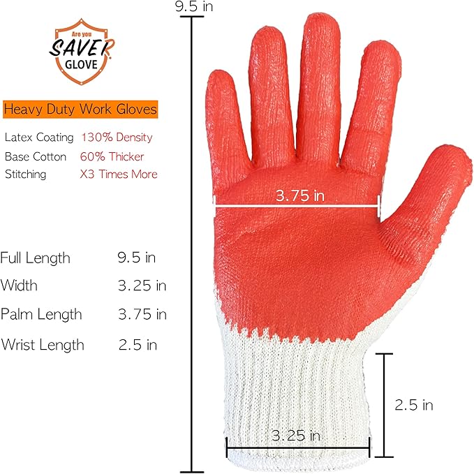 SAVER Non-Slip Red Work Gloves for Construction Latex Rubber Palm Coated - Premium Daily Safety Work Gloves