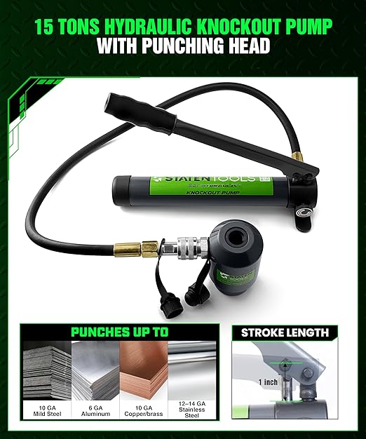 1/2" - 4" Hydraulic Knockout Punch Set | 15 US Tons | Knock Out Set with 10 Dies | Punching Capacity 11-16 Gauge | 1 Year WARRENTY | Staten Tools