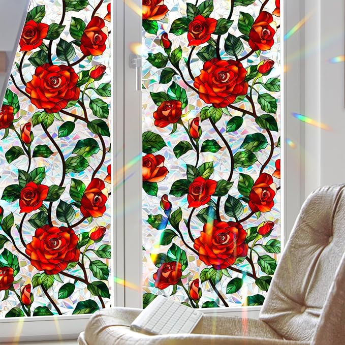 Bloss Rose Stained Glass Windows Film, 29.5x78.7inch 3D Flower Privacy Window - Image 8