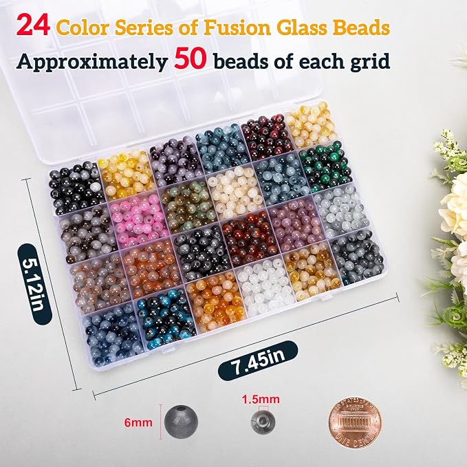 XSEINO About 1200+ pcs 6mm Glass Beads Bracelet Making Kit, 24 Assorted Black - Image 2